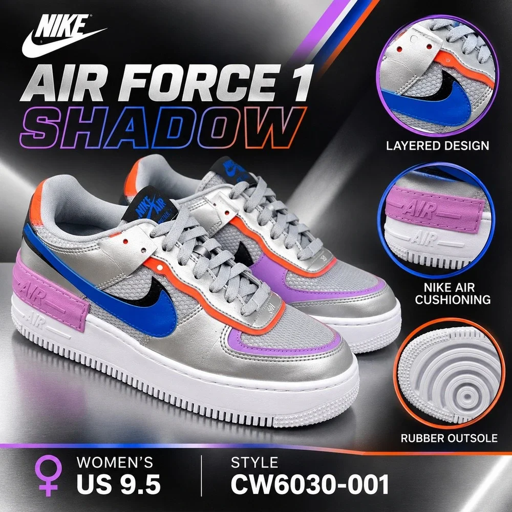 Nike Air Force 1 Shadow Women 9.5 Metallic Silver Pink Blue Shoes CW6030-001 AF1